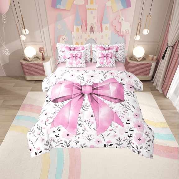 Erosebridal Floral Bow Tie Bedding Sets Twin Size,Kawaii Bow Comforter Sets with Sheets,Botanical Plants Bed in a Bag Twin size,Super Cozy Flower Bedroom Decoration,Reversible,7pcs