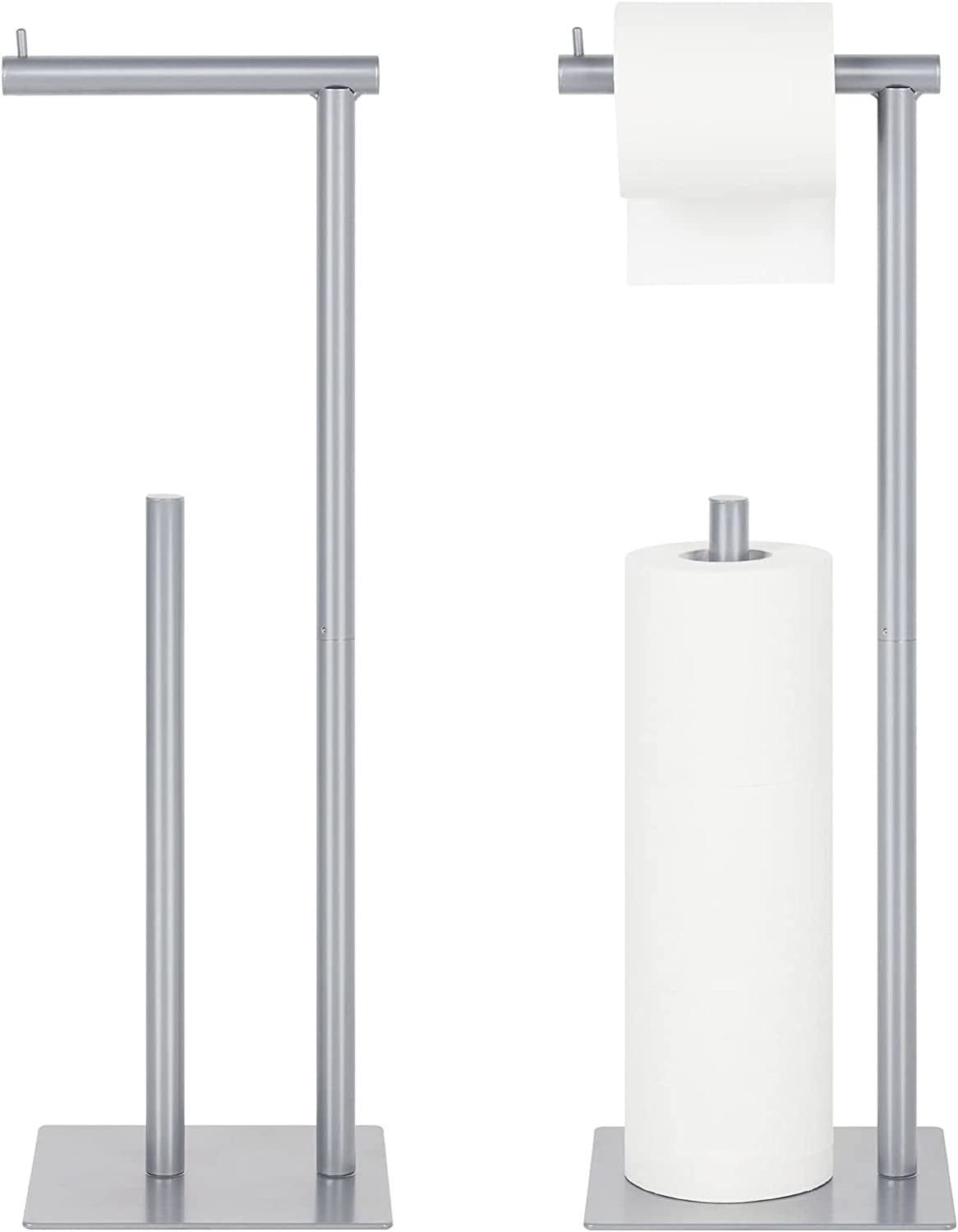 Freestanding Silver Toilet Paper Holder Stand with Reserve Storage Holder, Set of 2