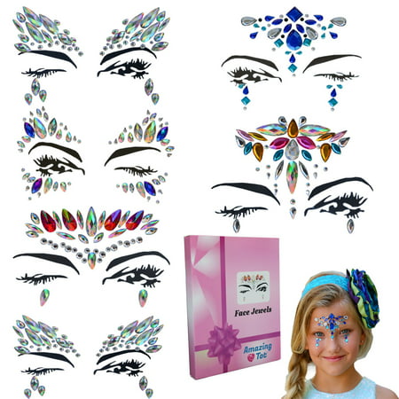 Face Jewels Rhinestone Gems (6 pcs) - Bindi Temporary Tattoos Body Stickers Mermaid Festival Crystal Jewelry – Perfect Rhinestone Face Jewelry for A Dress-Up or Costume Party By Amazing Tot