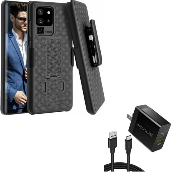 36W PD Home Charger w Case Belt Clip for Samsung Galaxy S20 Ultra - Fast Type-C 6ft Long Cable USB-C, Holster Swivel Cover