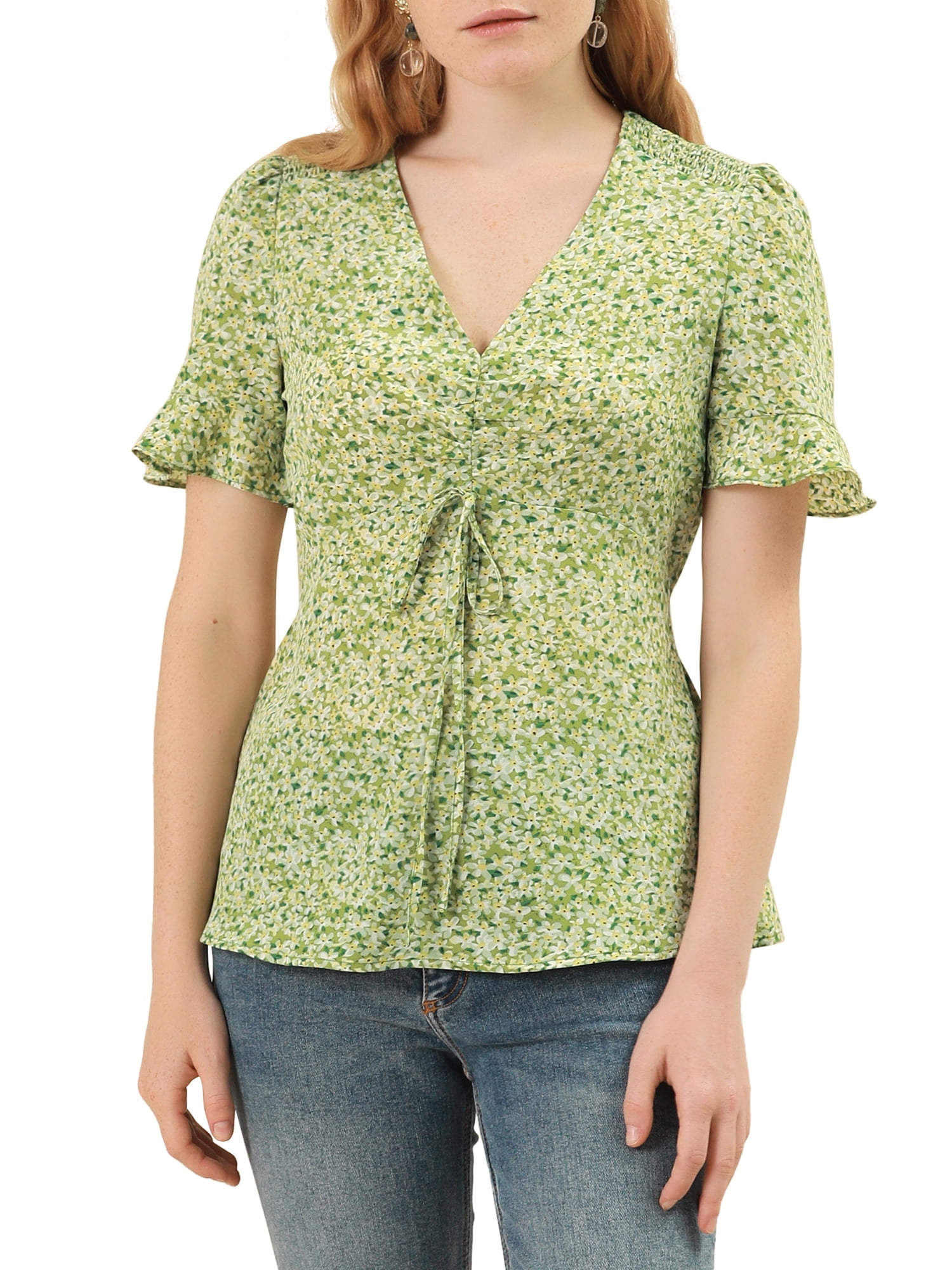 Allegra K Allegra K Women's Ditsy Floral V Neck Ruffle Summer Ruched