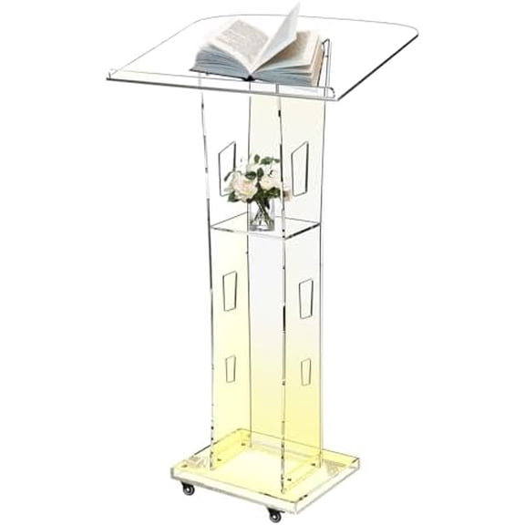 Acrylic Podiums for Church with 4 Wheels, 43” Clear Pulpit for Churches with Storage Shelf, Modern Lectern with 15 Colors Adjustable for Classroom, Conference, Wedding$$Office