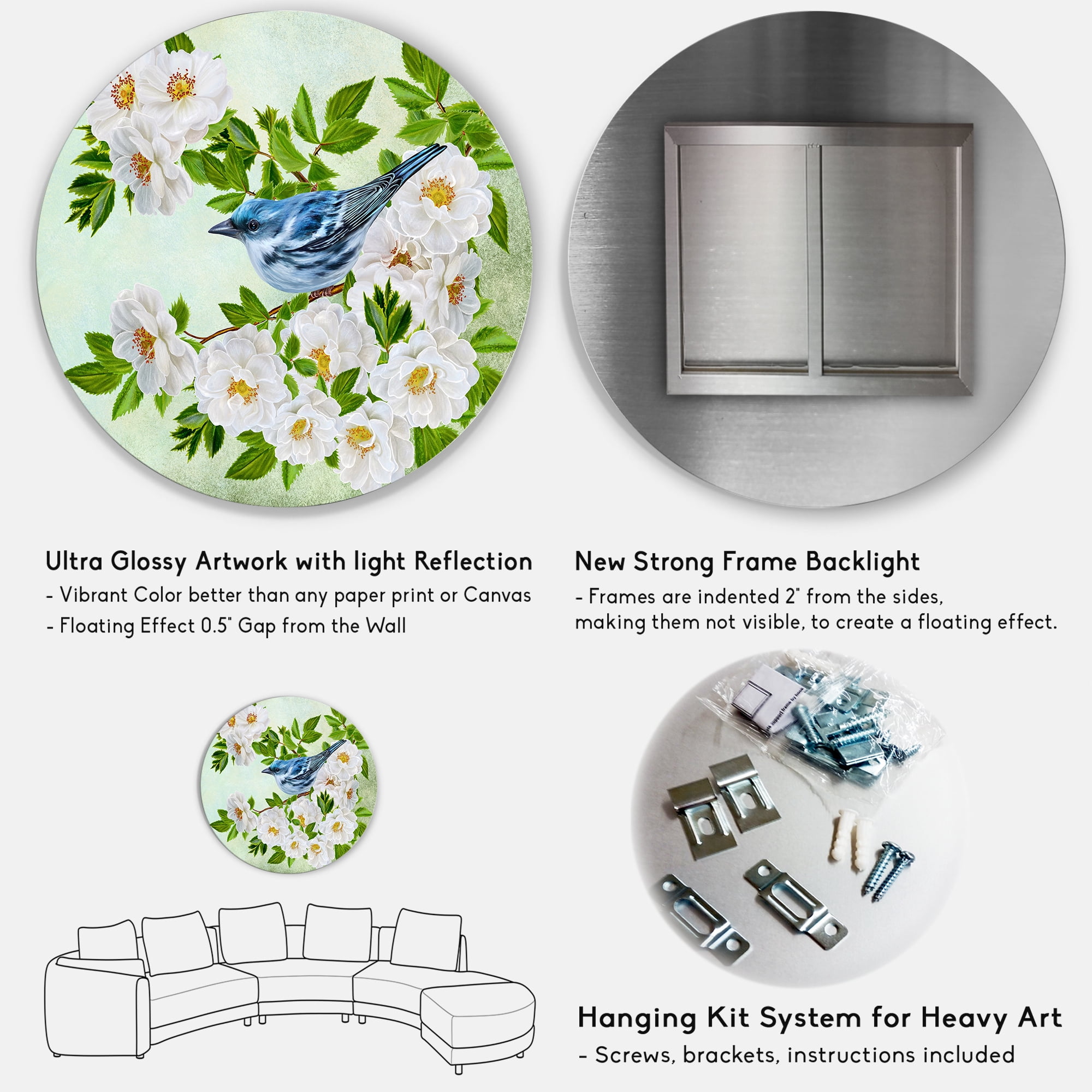 Designart 'Little Blue Bird Sitting On A Branch of White Rose Plant' Traditional Circle Metal Wall Art 36x36 - Disc of 36