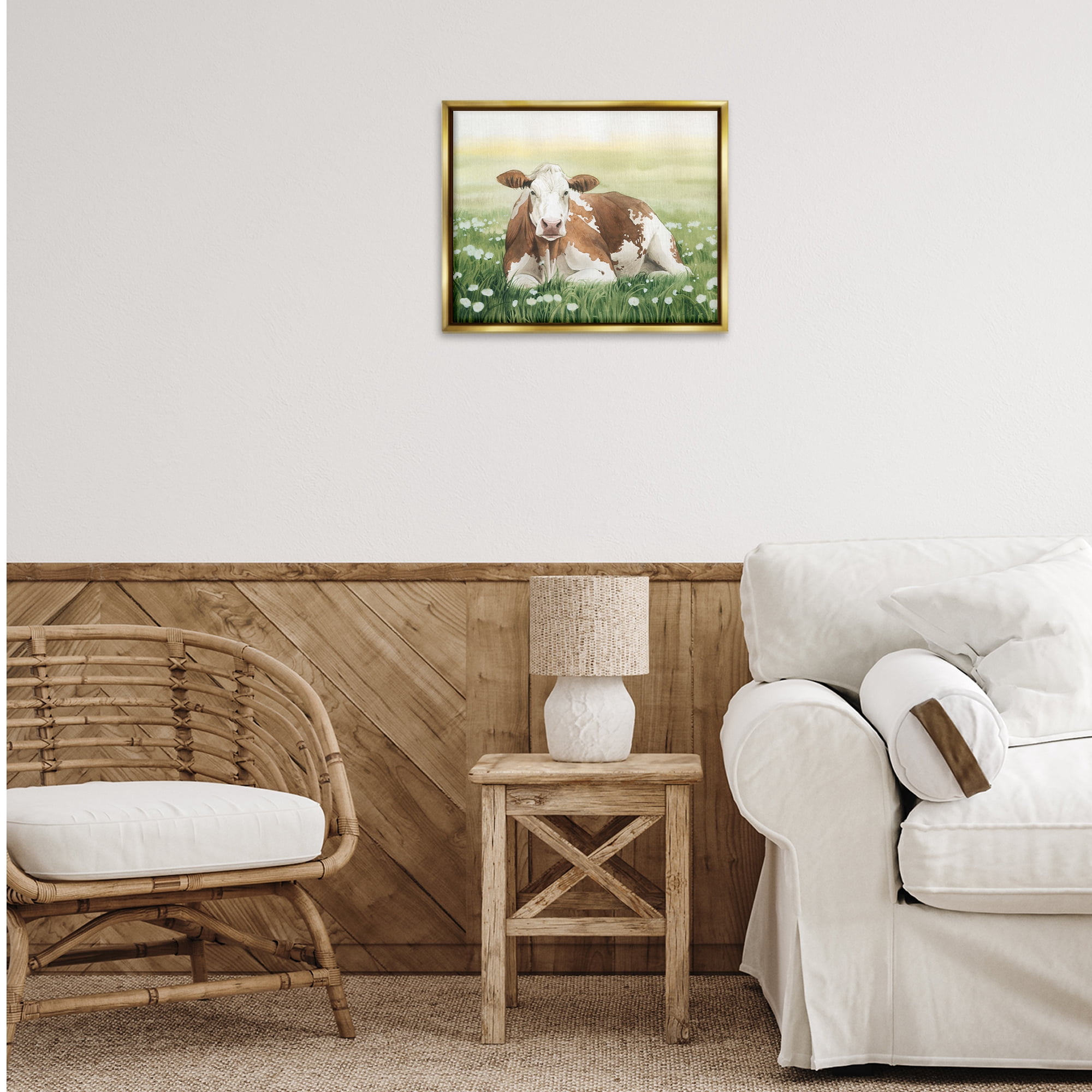 Stupell Industries Cow & Meadow Blossoms Animals & Insects Painting Gold Floater Framed Canvas Art Print Wall Art, 21 x 17