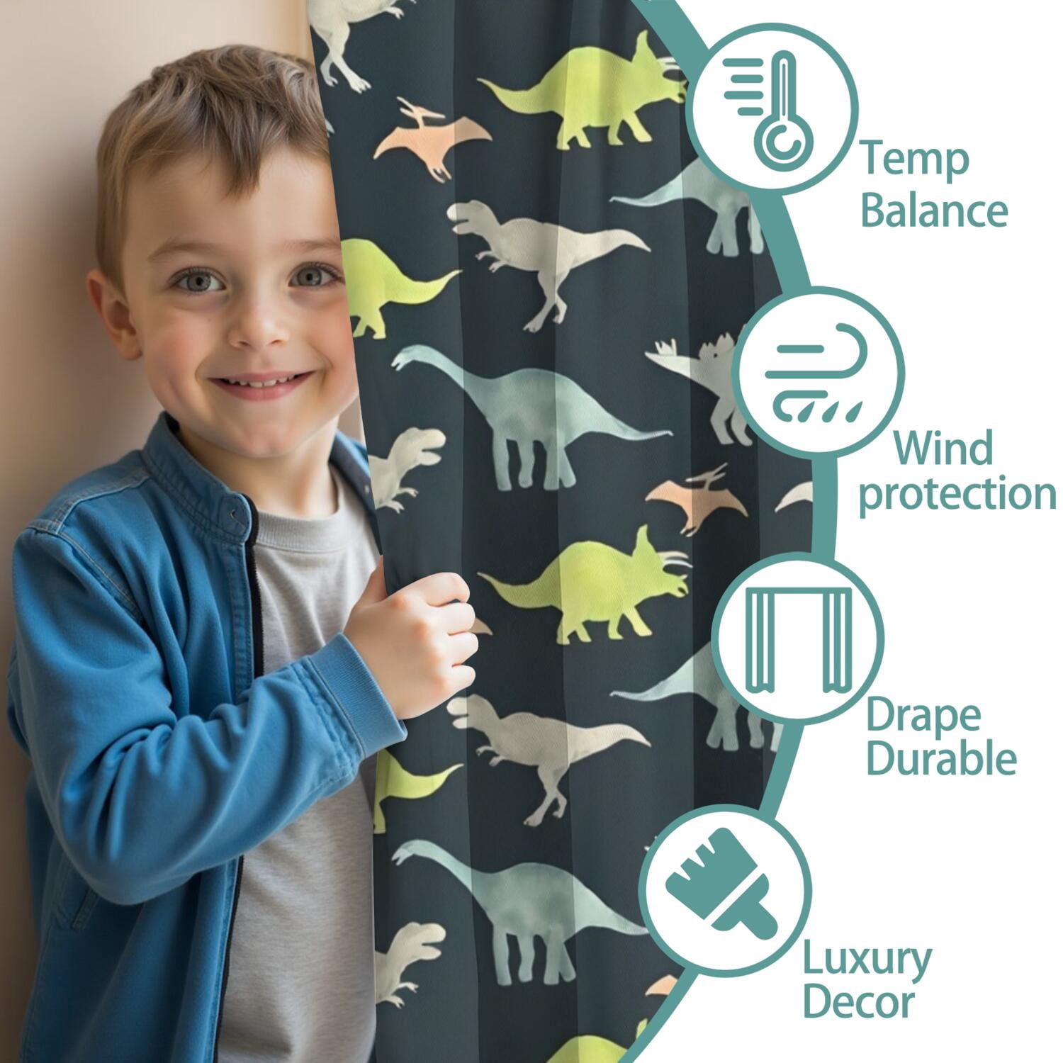 Blackout Kids Curtains,Dark Watercolor Dinosaur Pattern Childrens Insulated Curtains Set Of 2,Bedroom Essentials,Toddler Room Decor 42"x54"