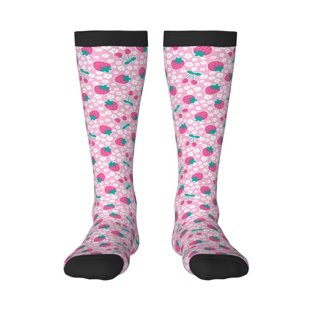 Fotbe Cherry Strawberry Calcetas Divertidas Estampadas para Hombre y Mujer, Calcetas de Algodón hasta la Rodilla para Caminar, Correr, Enfermería y Embarazo