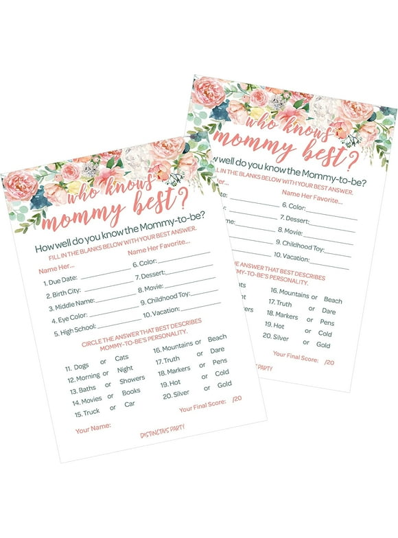 Floral Baby Shower Who Knows Mommy Best, Girl Baby Shower Game, 20 Player Cards - Distinctivs