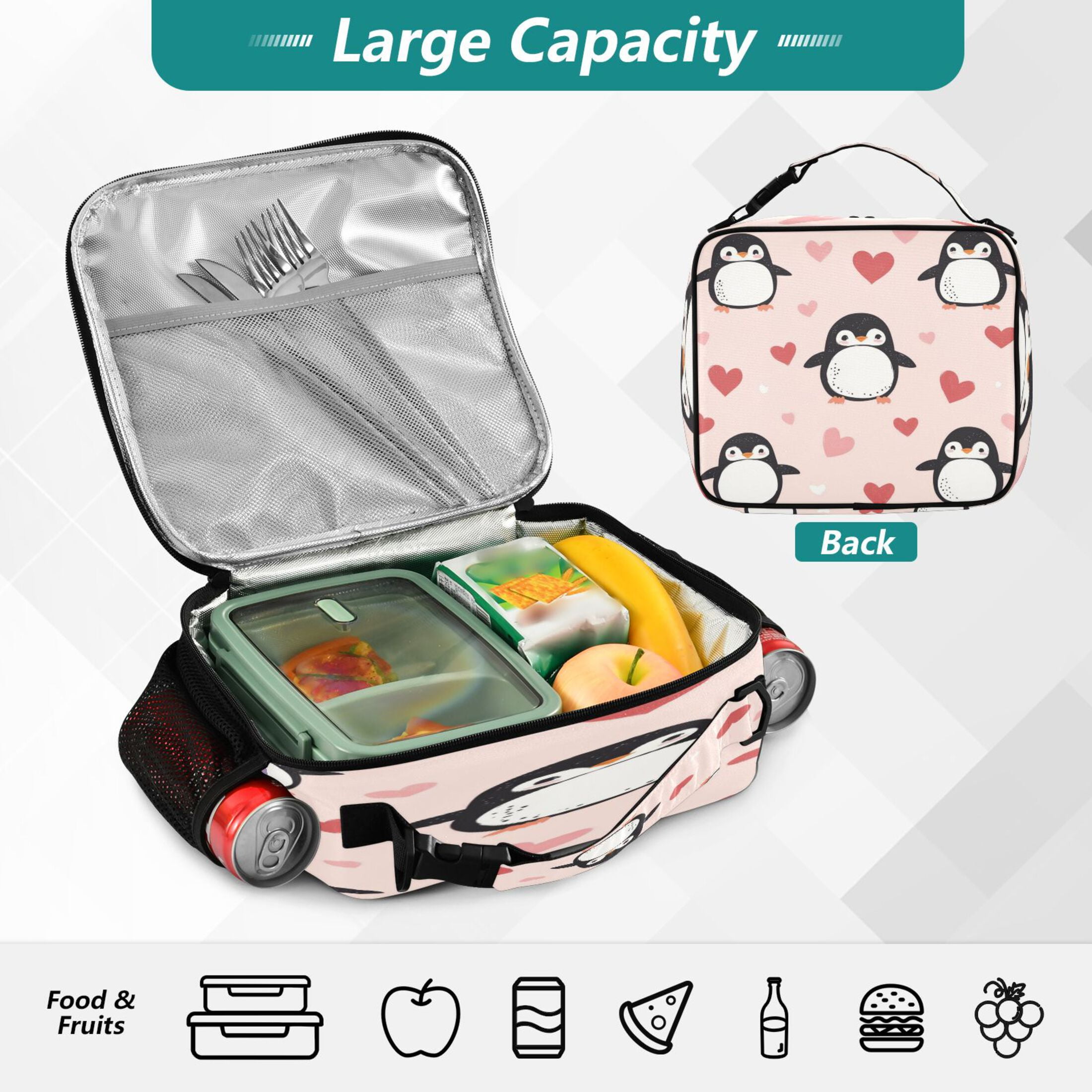 WOBOGO Cute Penguins Hearts Pattern Tote Lunch Bag High Quality Insulated Aluminium Film For Cold with Adjustable Shoulder Strap 11.2×9.8×3.5in