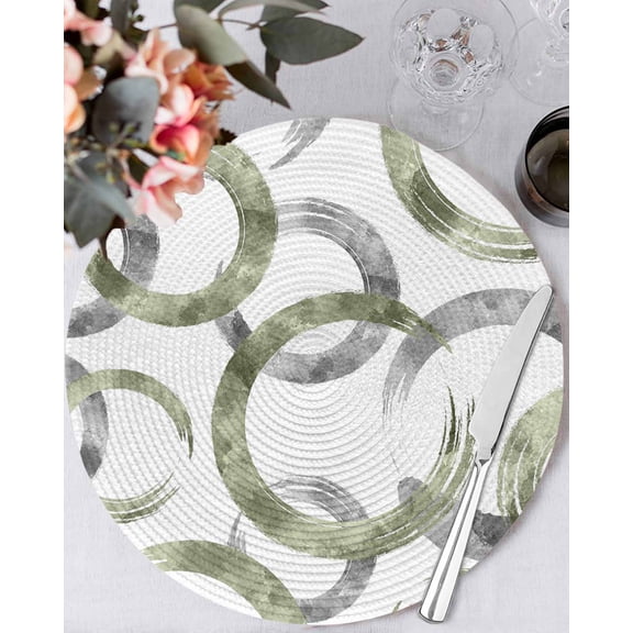 13 Inch Round Placemats Set of 4, Sage Green Grey Non Slip Heat Insulation PP Table Mats, Geometric Circle Modern Abstract Simple Art Washable Place Mats for Kitchen Dining Party Table Decor