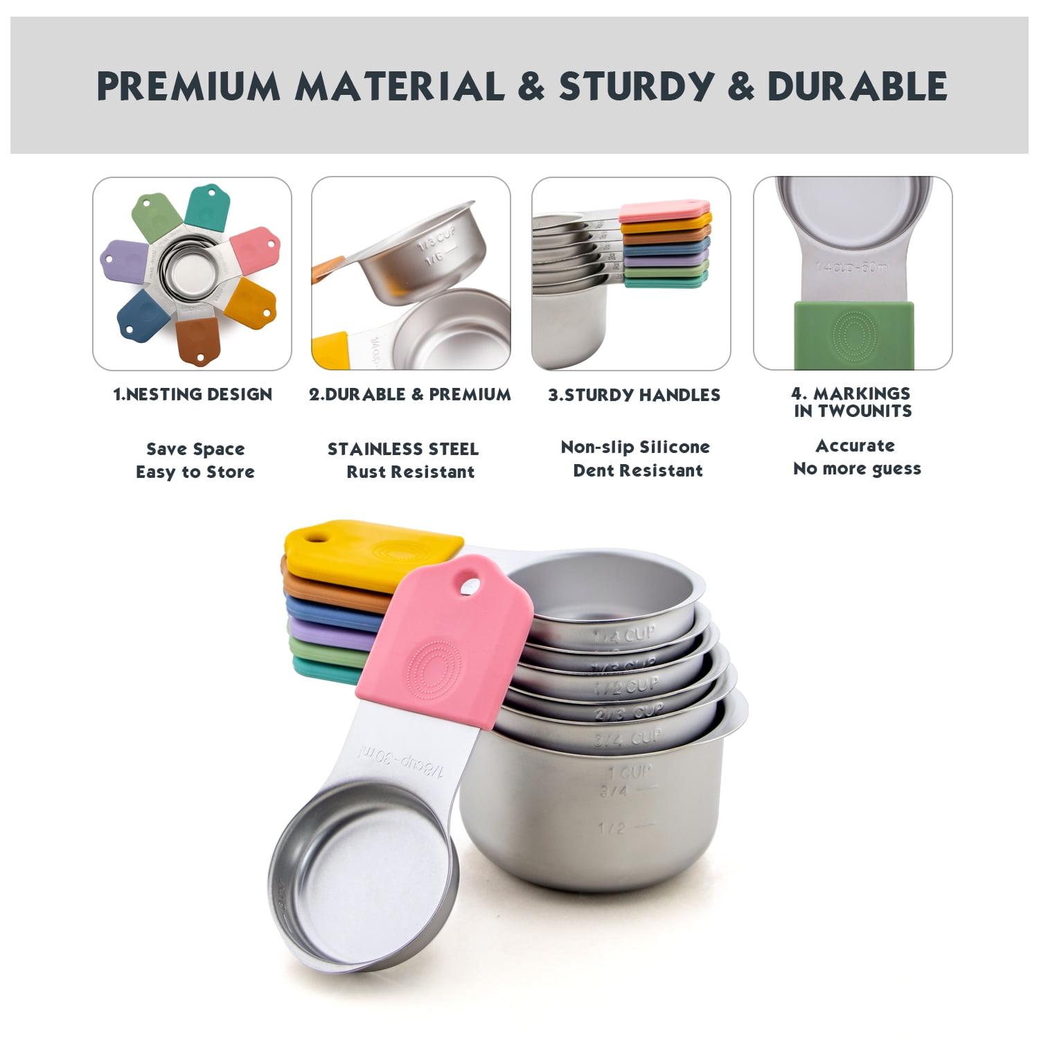 Stainless Steel Magnetic Stackable Collapsible for Liquid Dry Ingredients Measuring Cup Set, Set of 7, Multi-Color