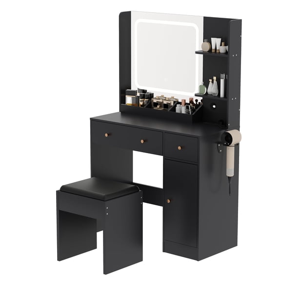 Makeup Vanity Desk with LED Mirror & Power Outlet, Vanity Set with Storage Drawers, Shelves & Stool, 3 Lighting Modes & Adjustable Brightness for Bedroom