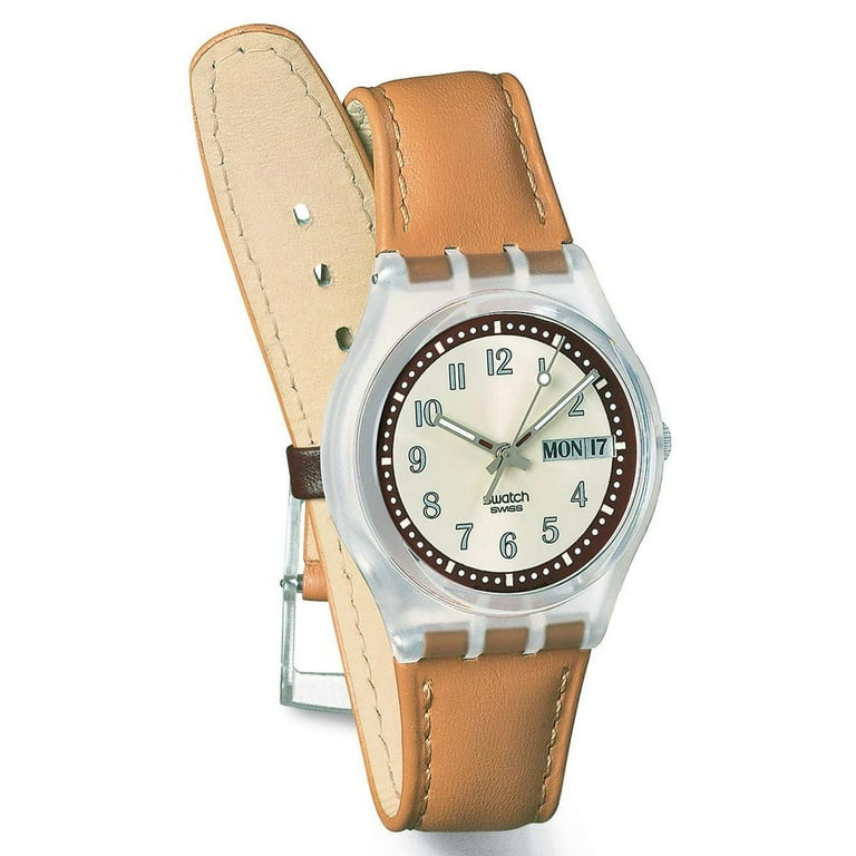 Swatch GE700 Unisex Croissant Chaud Silver Dial Brown Leather