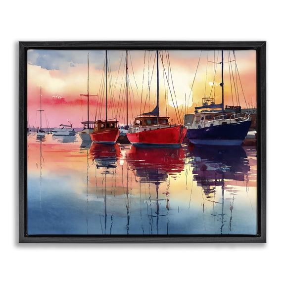 Stupell Industries Traditional Red & Blue Boats at Sunset Black Floating Frame Canvas Art, 21 x 17, by Franklyn Gregory