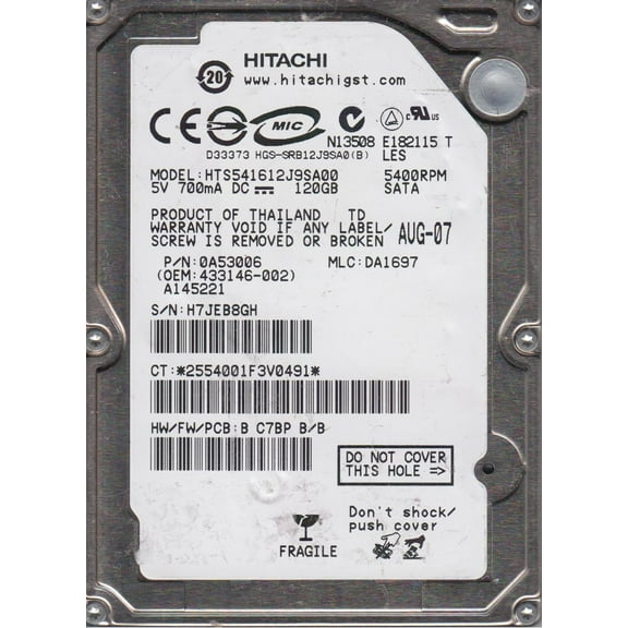 HTS541612J9SA00, PN 0A53006, MLC DA1697, Hitachi 120GB SATA 2.5 Hard Drive