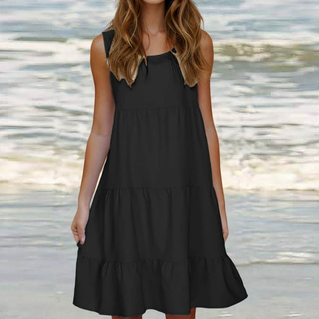 fartey Robe Décontractée pour Femmes Été Unie Col Rond à Étages Ample Robe Débardeur Sans Manches Ligne A Confortable Midi Robe de Plage
