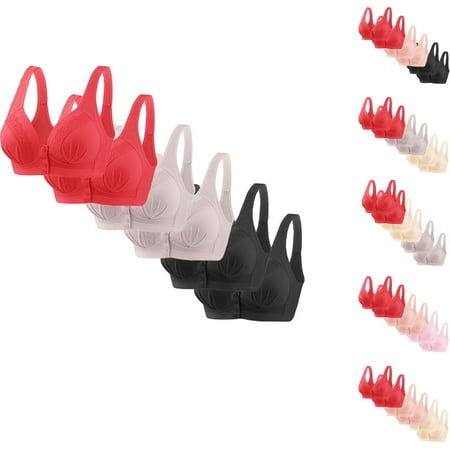 Dazajoo Plus Size Wireless Bras for Women Mesh Adjustable Strap Underwear 6PC Womens Trendy Front Buckle Push Up Bra Prime Today Black XL