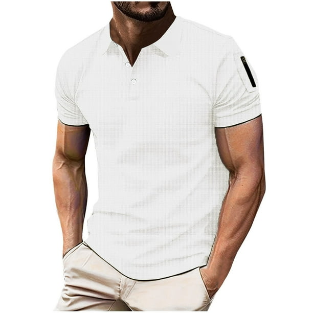 pstuiky Camisas de manga corta para hombre, Blusa informal de manga corta con cuello vuelto, botones, bolsillos y cremallera de color liso para hombre camisetas de hombre xxxl