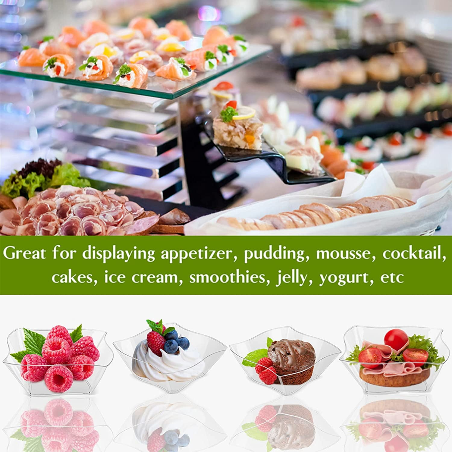 50ct 5 oz Small Plastic Dessert Cups with Spoons, Clear Appetizer Cups for Parties Mini Serving Bowls, Hors D'oeuvres Plates