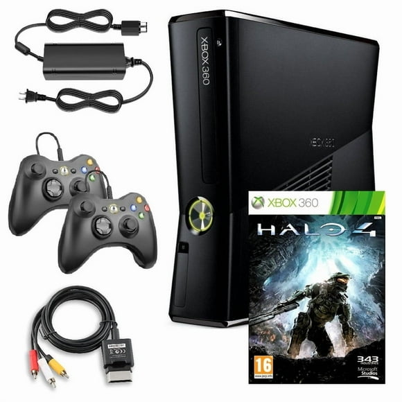 Xbox 360 S 250GB Game Console Black with Halo 4 and 2 Retrofam Black Controllers (Refurbished)