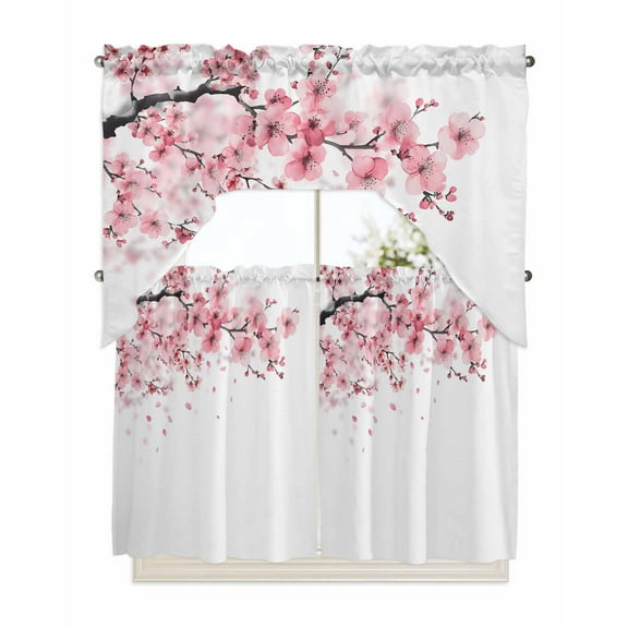 Pink Floral Kitchen Curtains Swag Valance and Tier Curtains Set 36 Inch Length, Modern Cherry Flower Rod Pocket Drape Panels Pair Swag Curtains for Bathroom/Cafe/Window