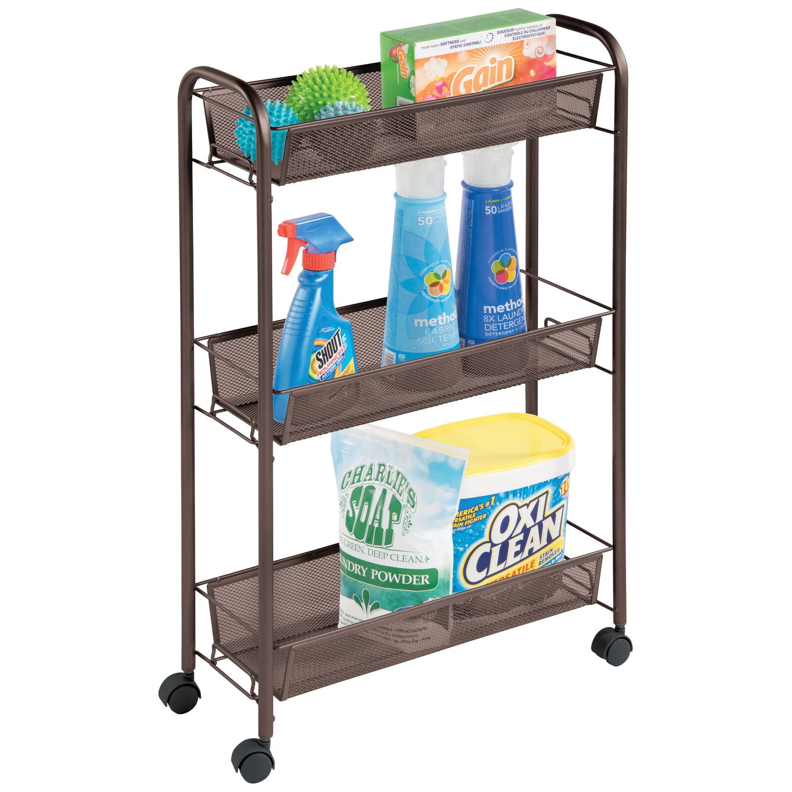 Portable Storage Organizer Trolley mDesign Slim Plastic Rolling Laundry Utility Cart Gray Kitchen or Pantry Storage Utility Room Easy-Glide Wheels and 3 Heavy-Duty Shelves for Laundry 
