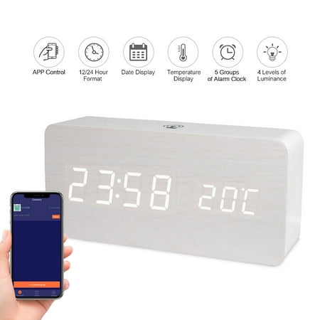 LED Digital Wooden Alarm Clock APP Control Time/ Temperature/ Date Display Electronic Desktop Clock 4 Levels Brightness Sound Control USB or Battery (Best Puzzle Alarm Clock App)