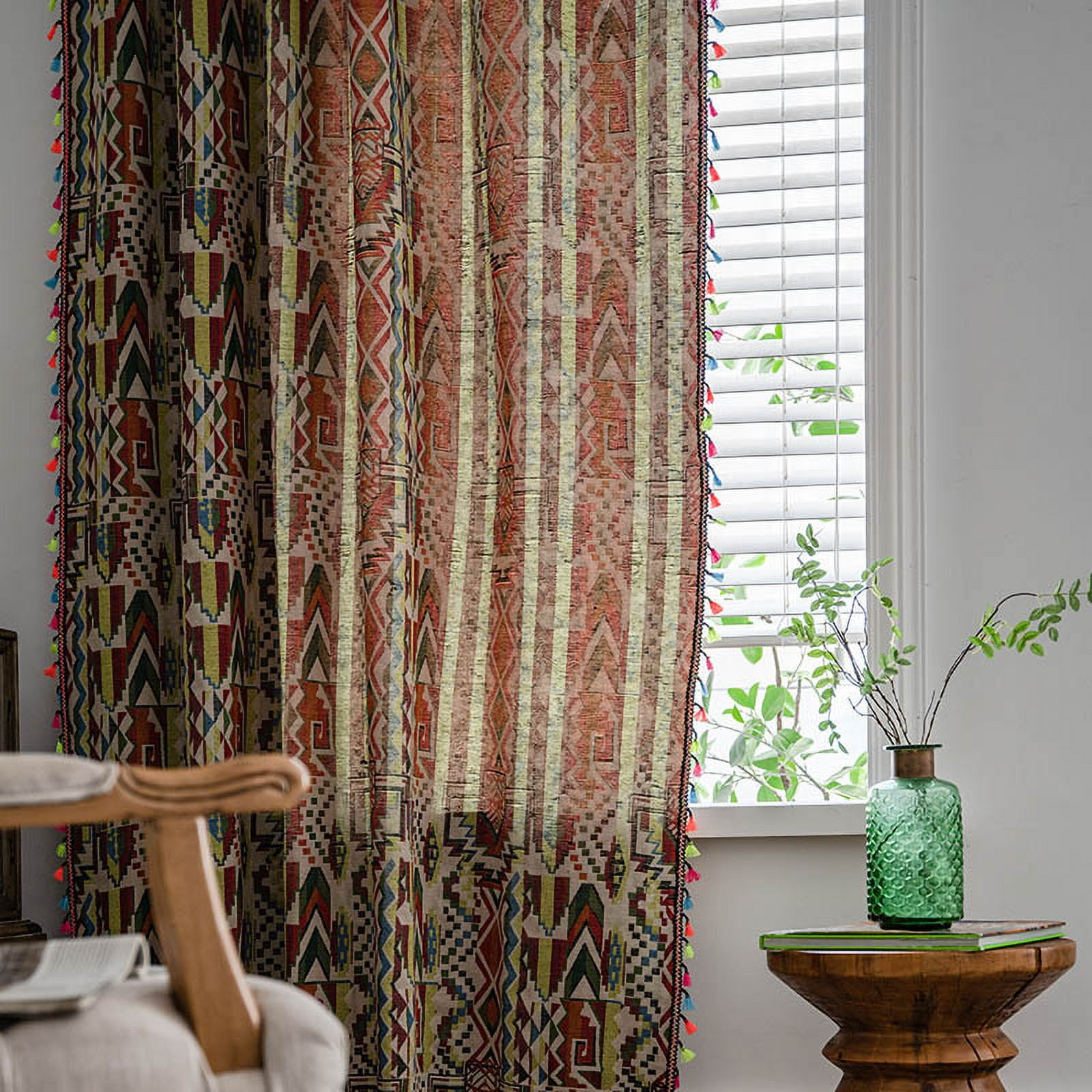 Zhuge Home Curtains for Bedroom Living Room,Semi-Blackout Country Cotton and linen Vintage Chic Tassels Hollow Window Treatment Rod Pocket Drape（2 Panel，70.8*59in,A71）