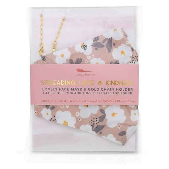 Lucky Feather Lovely Face Mask & Gold Chain Holder 2pc Set, Pink, 5″ x 8″