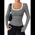 thumbnail image 2 of Camisas de Larga con Cuello Redondo para Mujer, Blusas Informales de Punto Acanalado de Corte Ajustado, Camisetas Básicas de Trabajo para Verano y Otoño. Negro M, 2 of 8
