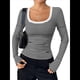 thumbnail image 2 of Camisas de Larga con Cuello Redondo para Mujer, Blusas Informales de Punto Acanalado de Corte Ajustado, Camisetas Básicas de Trabajo para Verano y Otoño. Negro M, 2 of 8