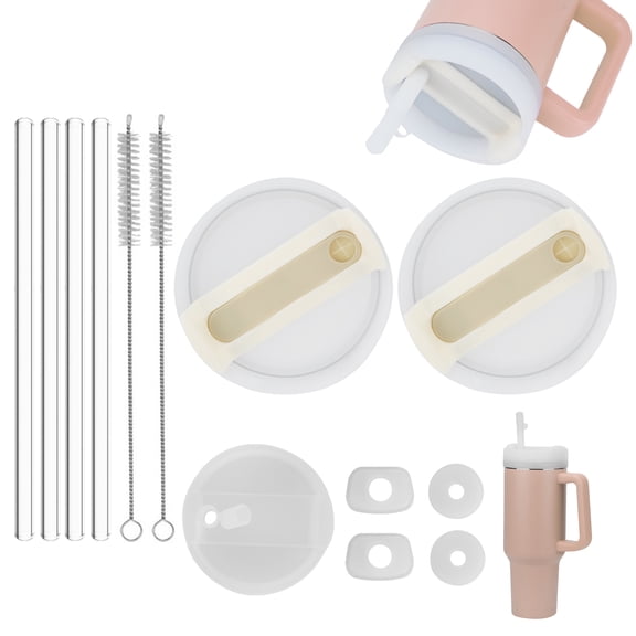 2 Pcs Replacement Lids for Stanley 40 Oz Tumbler, Silicone Spill Stopper 4Pcs Set for H2.0 Stanley, Silicone Cup Lid Dust Cover with Straw Lid Cap 1 Pcs, 4 Pcs Long Reusable Stanley Straw (White)