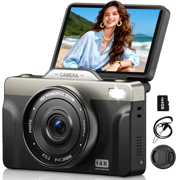 4K Digital Camera for Photography, 64MP Vlogging Camera for YouTube with 3" 180° Flip Screen, Autofocus 16X Digital Zoom Compact Travel Camera for Beginners Teens with 64GB Card