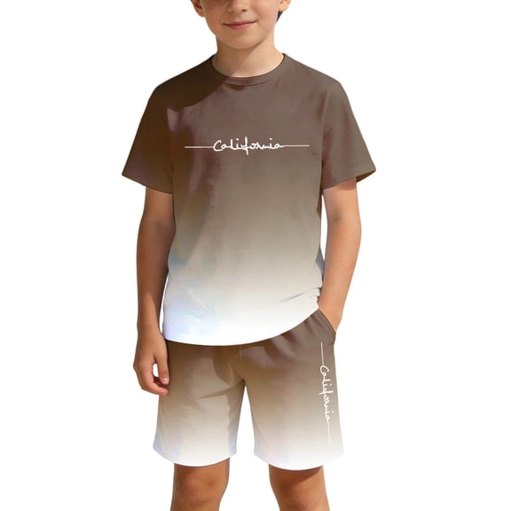 Little Boys' 2 Piece Outfits Short Sleeve Gradient Letter Print Summer Tee And Shorts Casual Back to School Clothes Size 6-7T