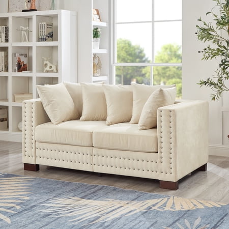 60.5" Modern Velvet Loveseat Couch with Silver Nail Trim, 2-Seater Square Arm Sofa with Storage & Pocket Springs, Luxury Compact Sofa for Living Room