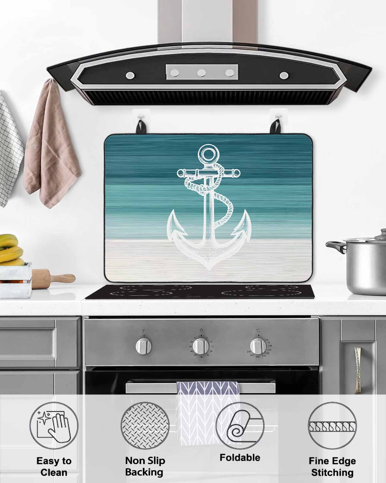 nqOlkjepod Large Induction Cooktop Protector Mat 24"x21", Nautical Anchor Teal Green Stove Top Covers for Electric Stove, Coastal Ocean Ombre Striped Stove Burner Cover Mats, Glass Top Stove Cover