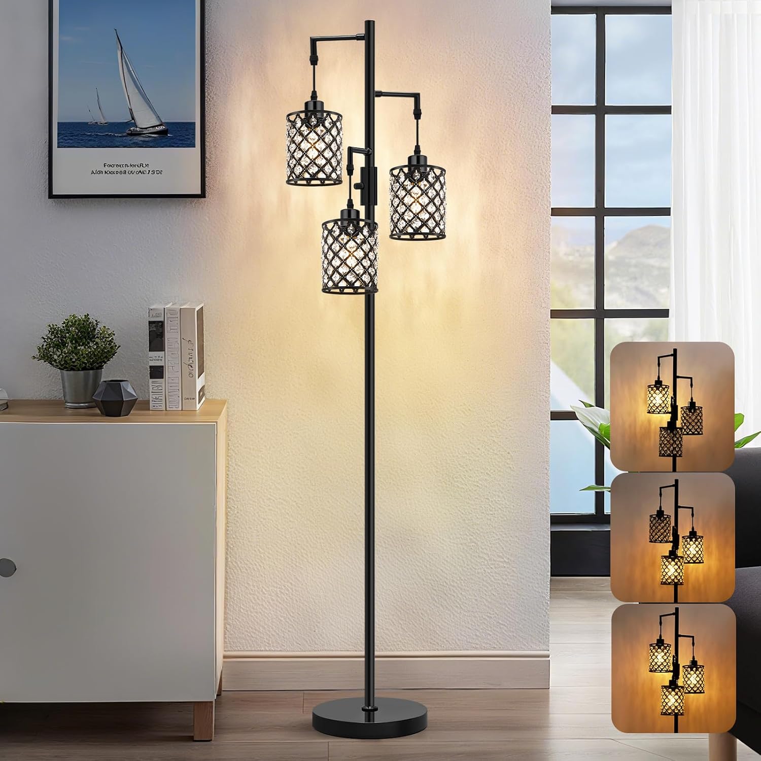 NATYSWAN Pink Crystal Floor Lamp, 3-Light Standing Tall Lamp with Sparkling K9 Crystal Shade, Rotary Switch, Easy Assemble Lamps for Living Room, Bedroom, Home Office
