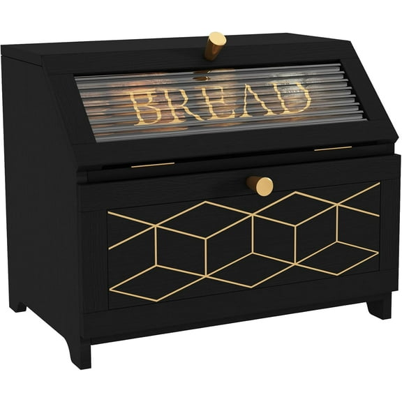Double Layer Bread Box With Golden Trim for Countertop, Wooden Bread Container for Kitchen Counter, Corner Bread Storage (Black1)