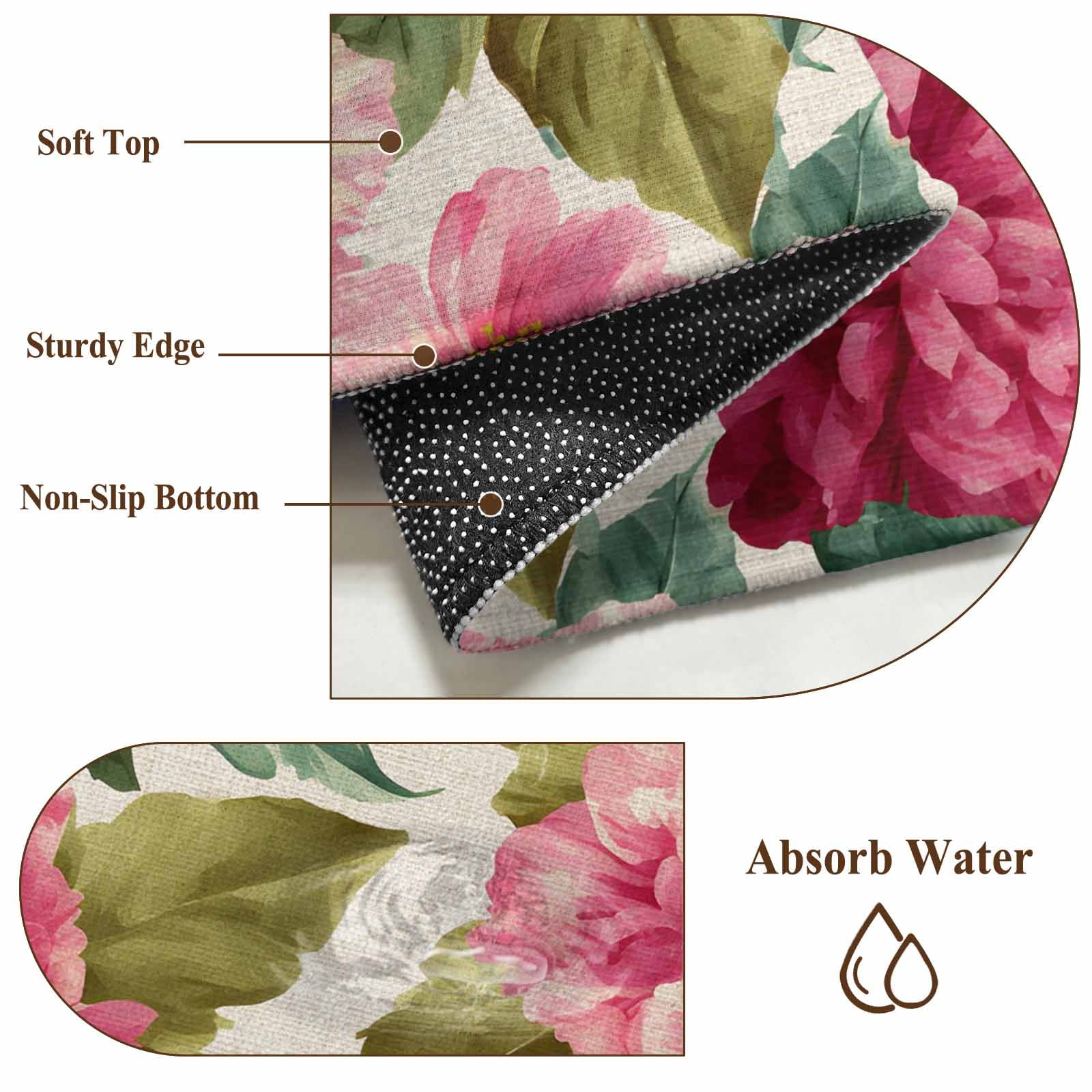 Pink Flowers Area Rugs 5'x7', Small Throw Rugs for Laundry Room Playroom, Spring Watercolor Floral Leaves Plants Beige Indoor Outdoor Rug Non-Slip Low Pile Carpet Runner Reversible Floor Mats