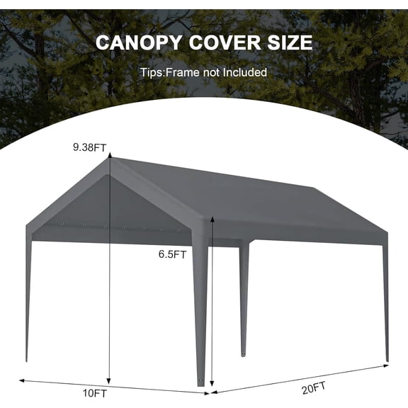 10x20 Carport Canopy Replacement Cover, 220g Heavy Duty Car Canopy Garage Tent Top Cover with Fabric Leg Pole Skirts and Ball Bungees (Frame is not Included) (Grey)