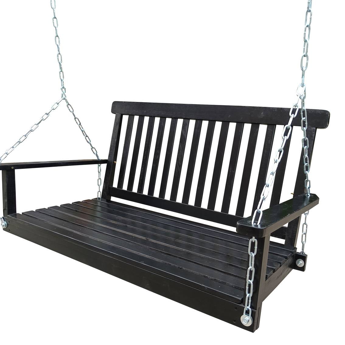 Front Porch Swing with Armrests Wood Bench Swing with Hanging Chains