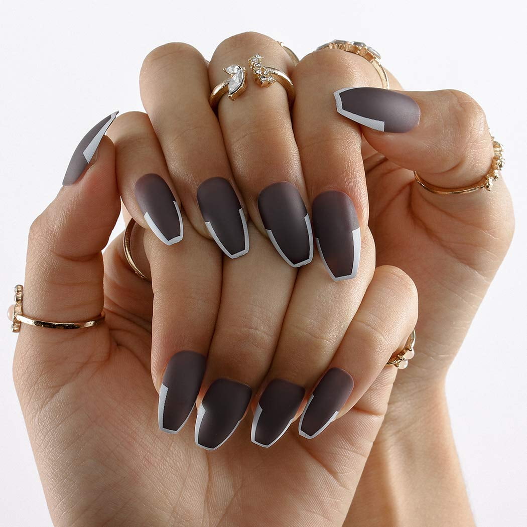 Coffin Matte Press On Nails Brown Long Fake Nails Full Cover Acrylic French Nails For Women And Girls 24pcs Walmart Com Walmart Com