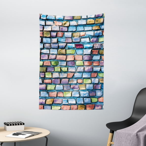 Geometric Tapestry, Colorful Mosaic Tiles Pattern Brick Wall Design with Grunge Effect Worn Out Look, Wall Hanging for Bedroom Living Room Dorm Decor, 40W X 60L Inches, Multicolor, by Ambesonne