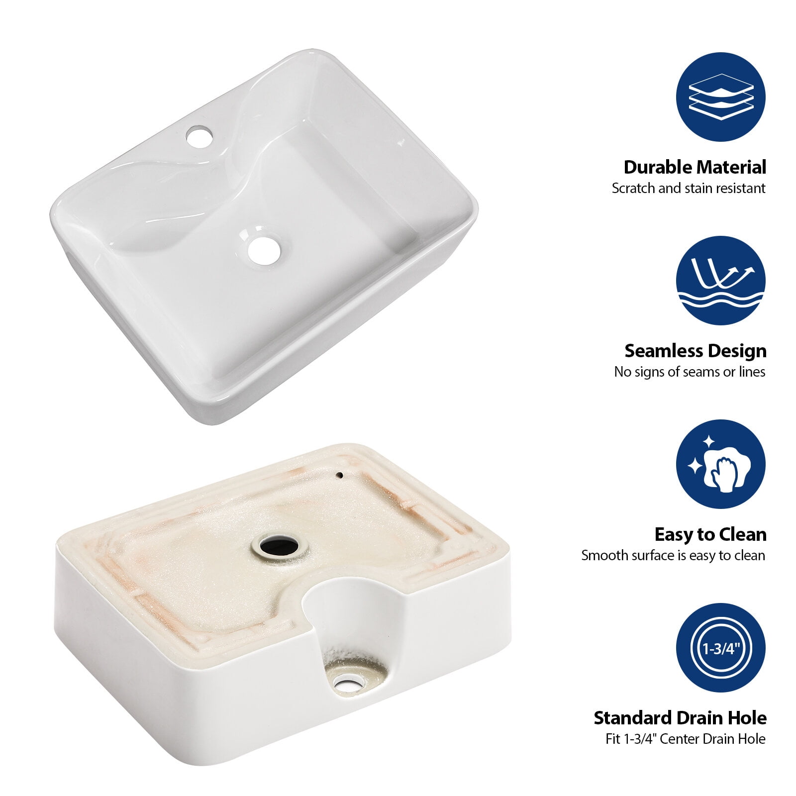 Modern Bathroom Vanity 16"x12" White Ceramic Rectangular Vessel Bathroom Sink with Black Faucet & Black Drain,Wooden Bathroom Vanity
