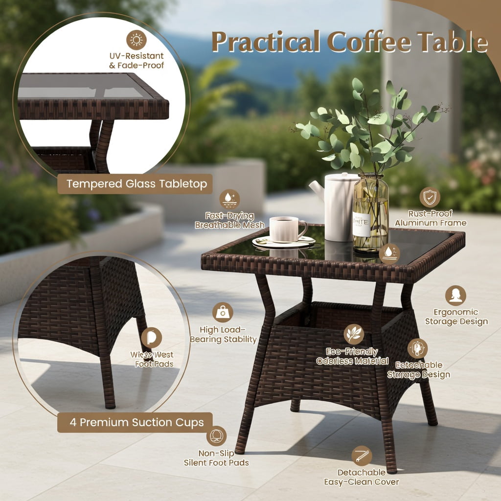 Hommoo 3-Piece Outdoor Rocking Chair Set with Tempered Glass Coffee Table, PE Rattan & Metal Frame for Backyard, Patio, Poolside, Red