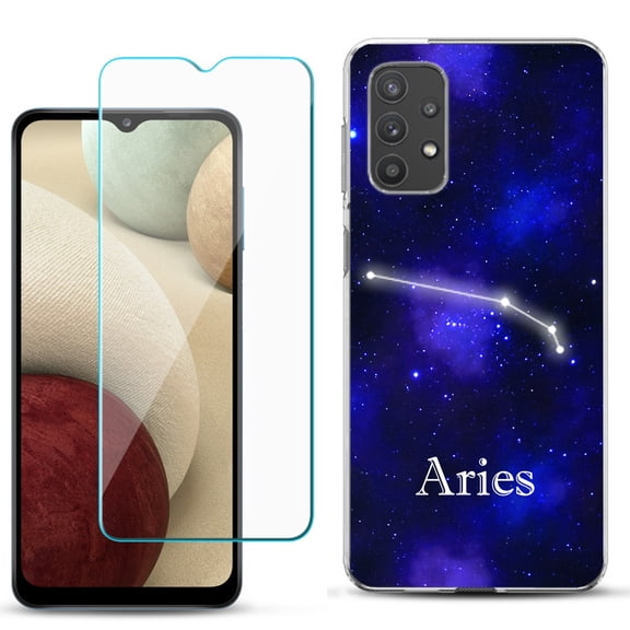 Slim-Fit TPU Phone Case compatible with Samsung Galaxy A32 5G, with Tempered Glass Screen Protector, by OneToughShield ® - Zodiac / Aries