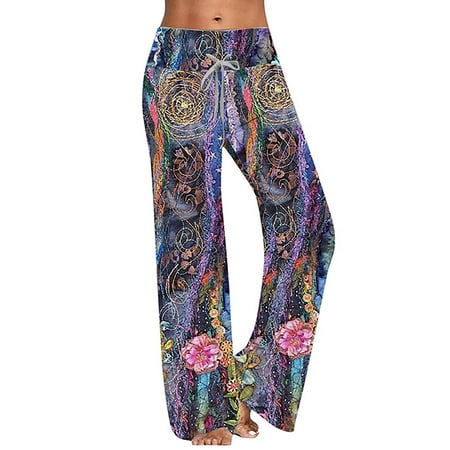 

MAWCLOS Women Yoga Workout Floral Palazzo Lounge Pants Elastic Waist Drawstring Camo Leopard Wide Leg Comfy Pajama PJ Bottoms