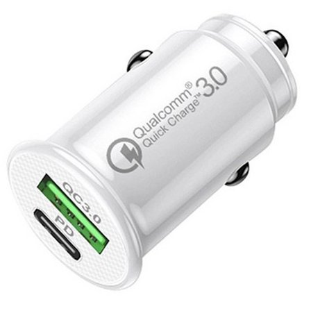 Ultra Compact 18W USB-C PD Power Delivery   Quick Charge 3.0 USB-A Car Charger - White
