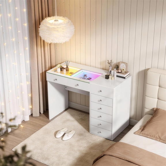 Fenchilin 48" Makeup Vanity Desk with Lights RGB 8 Drawers White