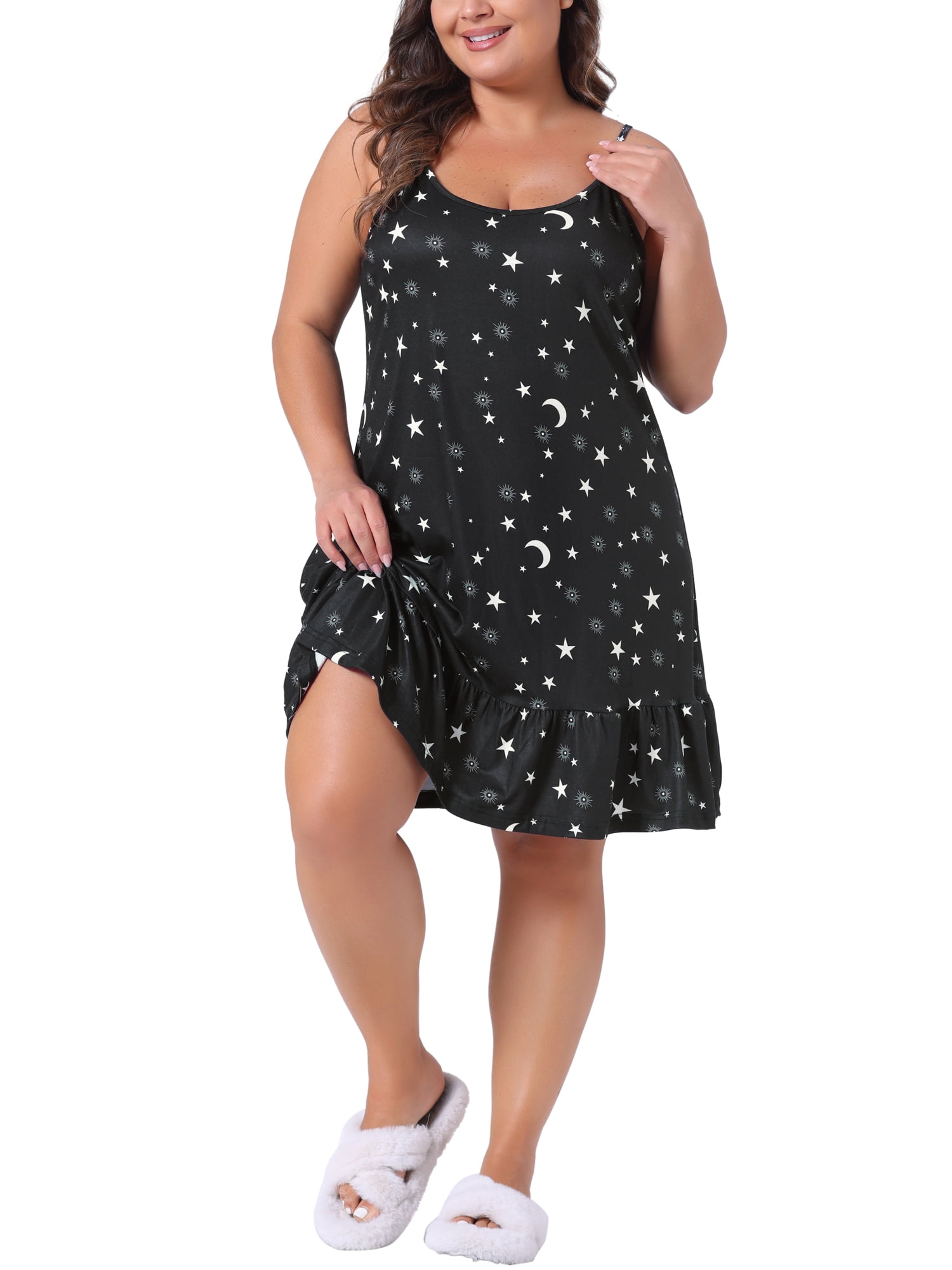 Agnes Orinda Women's Plus Size Nightgown Chemise Sleepwear Spaghetti Strap Nightwear Soft Lingerie 3X Black