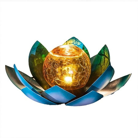 

Solar Outdoor Decor Crackle Globe Glass Lotus Decoration Waterproof Gray Metal Flower Light(Blue)